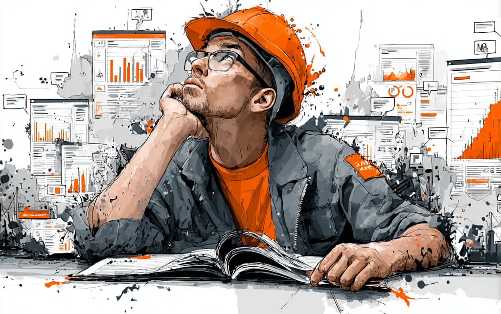 Illustration of a manufacturing professional reflecting after reading interesting articles