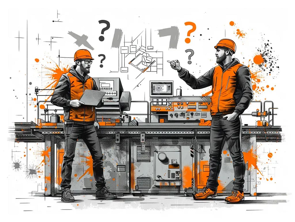 Illustration of two factory workers asking questions